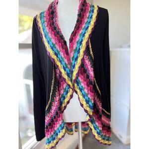 Large Double Zero Black Cardigan Multicolor Trim Open Front Sweater Long Sleeve